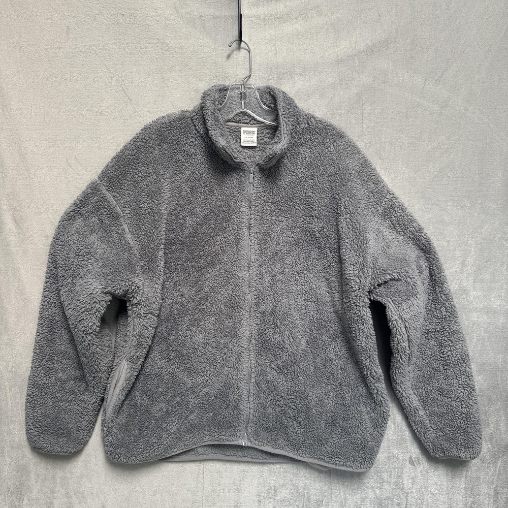 PINK Victoria's Secret Jacket Womens Large Gray Sherpa Fleece Full Zip Cozy